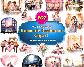 157 Chic Valentine Dining Clipart, Gourmet Food PNGs, Classy Date Night Images, Watercolor Restaurant Scenes Digital Download Romantic Print