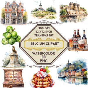 88 Watercolor Belgium PNG ClipArt Bundle, Belgium Travel Sights, European Landmarks, Brussels Cityscape, Dream Travel Clipart, Beer & Choco