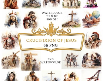 66 PNG Watercolor Crucifixion of Jesus Clip Art| Christian Religious Bible Based Story For Sublimation, Scrapbooking Digital Printing