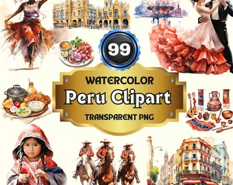 99 bundle di clipart acquerello Perù, clipart di monumenti peruviani per viaggi, vacanze, progetti di vacanza, PNG di stampa digitale per uso commerciale