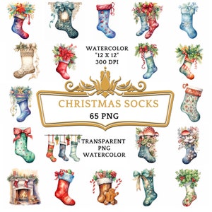 65 Watercolor Christmas Socks Clipart PNG Bundle | Christmas Stocking Clipart, Christmas decoration clip art, Xmas sock, printable graphics