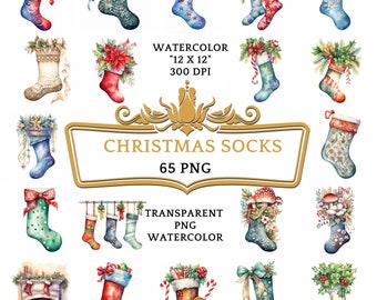 65 calzini di Natale ad acquerello Clipart PNG Bundle / Clipart di calze di Natale, clip art di decorazioni natalizie, calzino di Natale, grafica stampabile