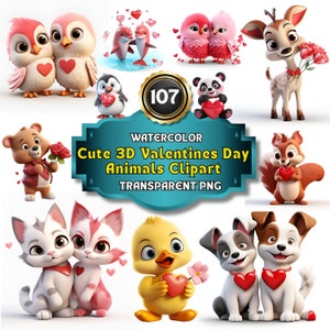 107 Clipart 3D de criaturas do Dia dos Namorados - imagens PNG de animais adoráveis com tema de amor, perfeitas para projetos com tema de amor, criação de cartões, álbum de recortes