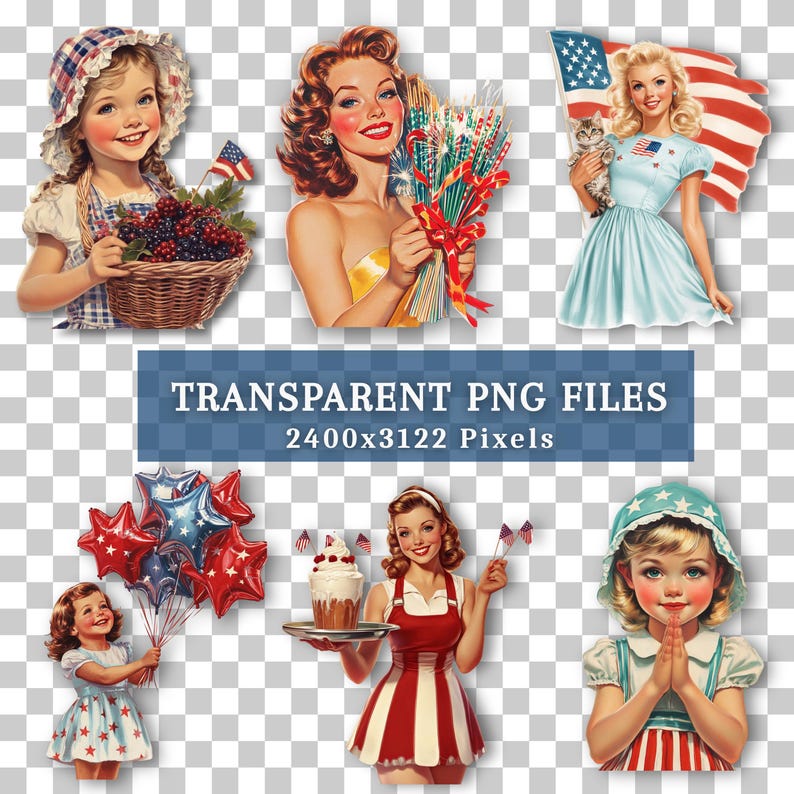 May include: A collection of vintage-style illustrations featuring patriotic themes. Includes images of women, children, and objects like fireworks, balloons, and an American flag. The text "TRANSPARENT PNG FILES" is displayed.
