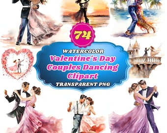 74 Watercolor Valentine's Day Dancing Couple Clipart Set - Watercolor Romance Collection with Love Embraces Kissing Scenes Old Couple Images