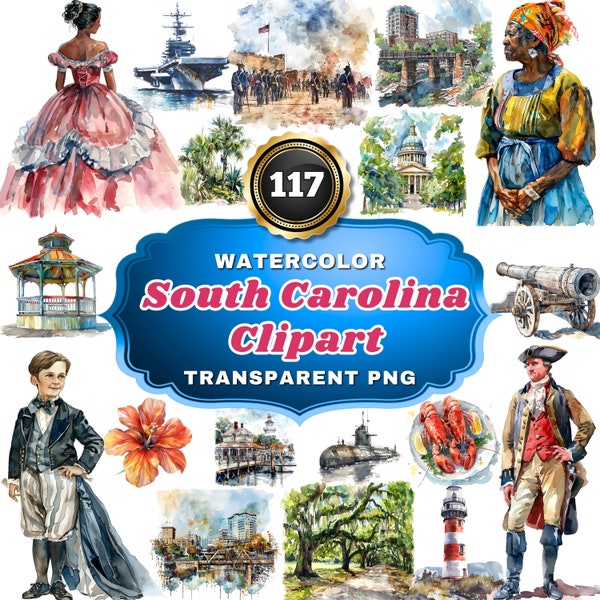 117 Watercolor South Carolina Cliparts - Palmetto State Charming Landscape and Cultural Heritage Illustrations for Art, Decor Projects