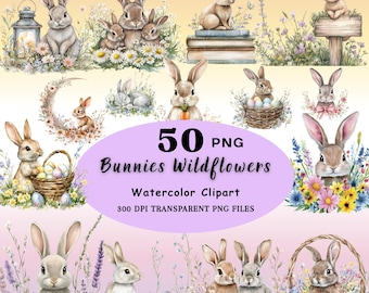 50x Bunny & Wildflower Clipart Set, Watercolor Easter Spring PNG, Boho Floral Bouquet, Meadow Rabbit Illustration, 12X12 inch