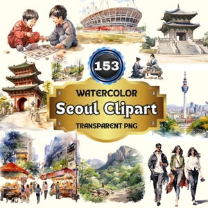 153 aquarel Seoul PNG clipart | Iconische Zuid-Koreaanse monumenten voor reizen en vakantie-thema project digitale prints, transparante achtergrond