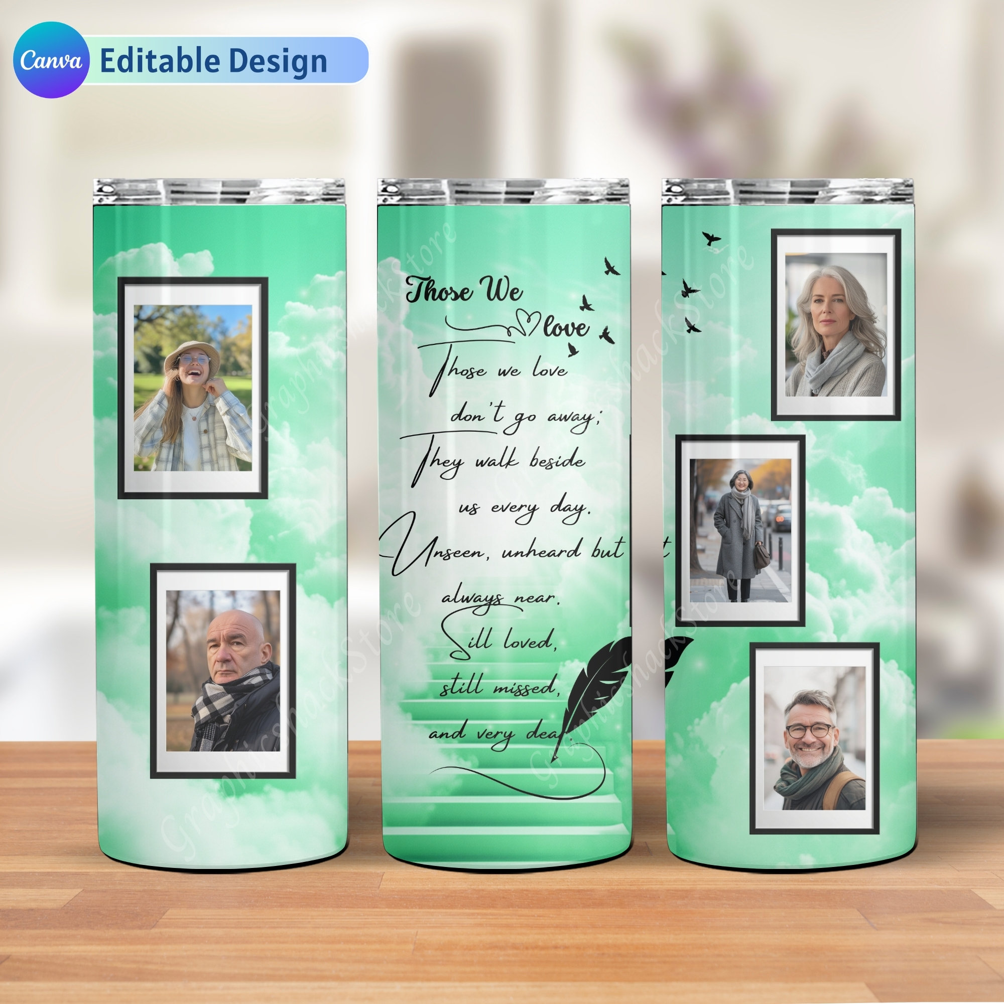 Photo Memorial 20oz Tumbler Wrap, Green Memorial Sublimation Tumbler designs, 20oz Skinny, Png And Canva  Template