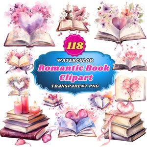 118 Aquarell Romantische Buch Valentinstag Clipart, literarische Liebe, charmante Buchszenen und herzliche Geschichten zum Basteln und Designen