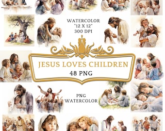 48 PNG Watercolor Jesus Loves Children Clip Art | Christian Religious Bible Based Story For Sublimation, Sunday School Or Digital Print