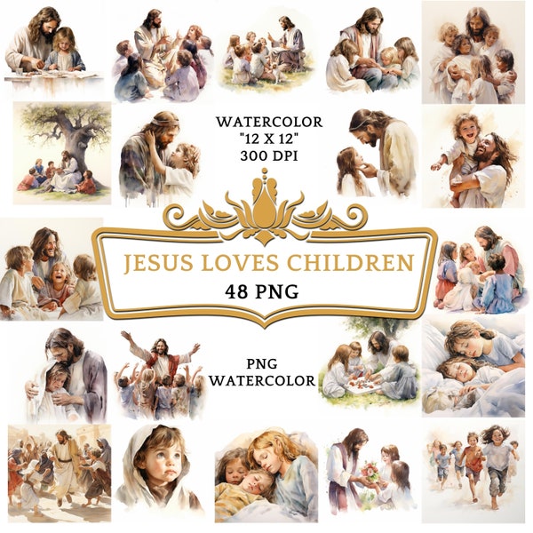 48 PNG Watercolor Jesus Loves Children Clip Art | Christian Religious Bible Based Story For Sublimation, Sunday School Or Digital Print
