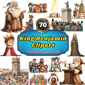 May include: A collection of 70 clipart images featuring King Benjamin from the Book of Mormon. The images include illustrations of King Benjamin, his people, and scenes from his reign. The images are in a cartoon style and are perfect for use in religious education materials, presentations, or personal projects.