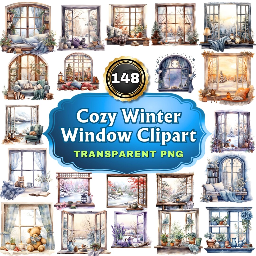 148 Watercolor Cozy Winter Window Cliparts, Winter Warmth PNG Bundle ...