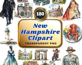 180 Watercolor New Hampshire Cliparts, Granite State Picturesque Landscape and Heritage  Essence Illustrations for Art, Decor & Education