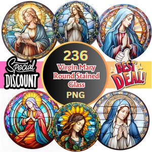 236 Virgin Mary Round Stained Glass Sublimation Design: PNG Praying Mother Mary Digital Clipart, Sublimation Wrap,  Printable Wall Art
