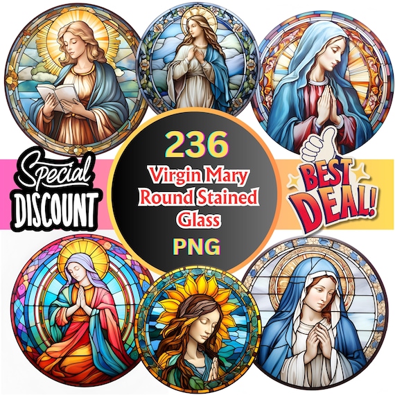 236 Virgin Mary Round Stained Glass Sublimation Design: PNG  