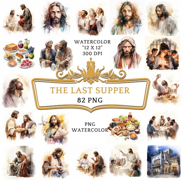 82 Watercolor The Last Supper Clipart | Christian Religious Bible Based Story For Scrapbooking, Junk journal Or Digital Printing