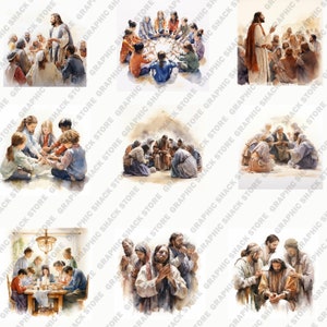 May include: A set of nine watercolour paintings depicting scenes from the life of Jesus. The paintings show Jesus teaching, healing, and interacting with his disciples. The paintings are done in a realistic style and feature muted colours.