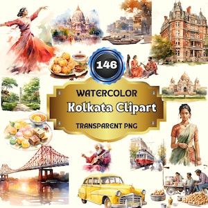 146 imágenes prediseñadas de acuarela de Calcuta / Imágenes PNG imprimibles de la Ciudad de la Alegría, impresiones artísticas de itinerarios de viaje, diario basura con temática de la India y SVG hechos a mano