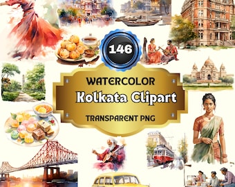 146 Watercolor Kolkata Clipart | Printable City Of Joy PNG Images, Travel Itinerary Art Prints, India -Themed Junk Journal and Handmade SVG