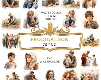 76 Clipart del figliol prodigo ad acquerello / Storia religiosa cristiana basata sulla Bibbia per sublimazione, scrapbooking, diario spazzatura o stampa digitale