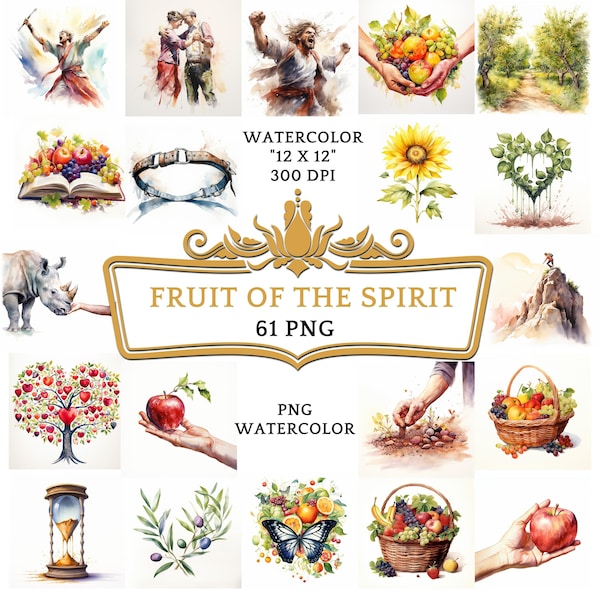 61 Watercolor Fruit of the Spirit Clipart | Christian Religious Bible Based Story For Scrapbooking, Junk journal Or Digital Printing