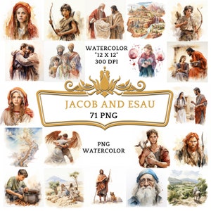 71 Watercolor Jacob and Esau Clip Art | Christian Religious Bible Based Story For Sublimation, Scrapbooking Junk journal Or Digital Printing