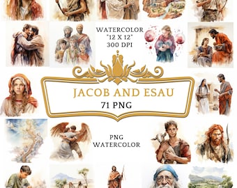 71 Clip Art ad acquerello di Giacobbe ed Esaù / Storia religiosa cristiana basata sulla Bibbia per sublimazione, scrapbooking, diario spazzatura o stampa digitale
