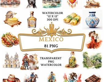 81 "Watercolor Mexico PNG ClipArt Bundle, Mexico Travel Clipart, Cultural Landmarks, Mexican Fiesta, Mariachi Music, Cinco de Mayo Graphics