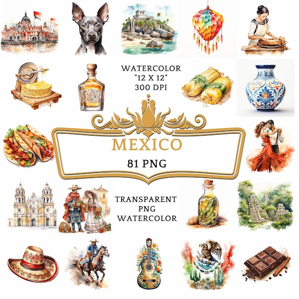 81 "Watercolor Mexico PNG ClipArt Bundle, Mexico Travel Clipart, Cultural Landmarks, Mexican Fiesta, Mariachi Music, Cinco de Mayo Graphics