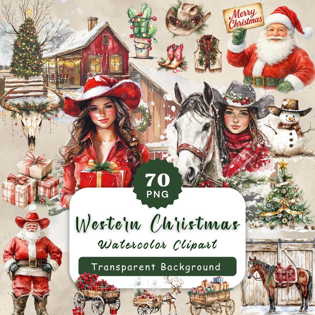 70x Western Christmas Clipart Bundle - Watercolor Wild West PNG, Cowboy ...