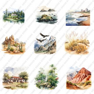 May include: A collection of watercolor paintings depicting various landscapes. The paintings include a desert scene with cacti, a mountain range with snow-capped peaks, a tropical jungle with a waterfall, a beach scene with waves crashing on the shore, a rocky island with a lighthouse, and a house with a grassy lawn.