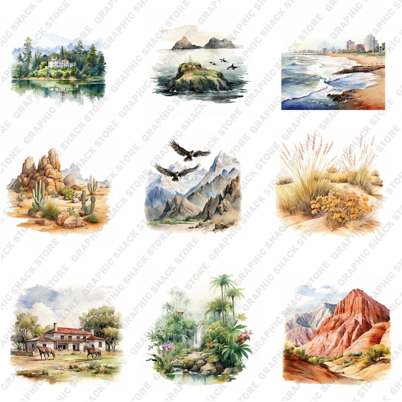 May include: A collection of watercolor paintings depicting various landscapes. The paintings include a desert scene with cacti, a mountain range with snow-capped peaks, a tropical jungle with a waterfall, a beach scene with waves crashing on the shore, a rocky island with a lighthouse, and a house with a grassy lawn.