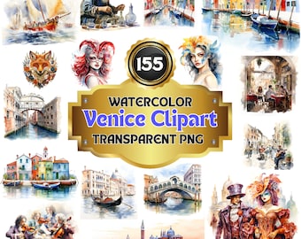 155 Watercolor Venice Clipart Collection: PNG Images of Italy's Unique Beauty, Perfect for Travel and Traditional Venetian-Themed Projects