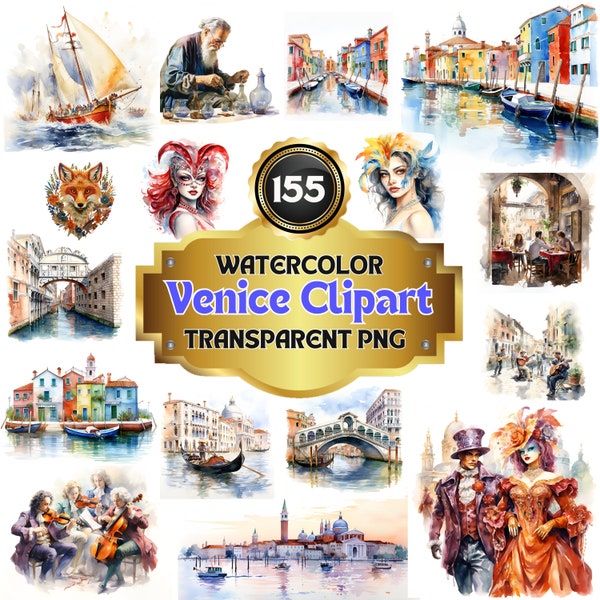 155 aquarelles de Venise, collection de cliparts : images PNG de la beauté unique de l'Italie, parfaites pour les voyages et les projets traditionnels sur le thème de la vénitienne