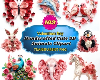 103 かわいい手作り 3D バレンタインデー動物クリップアート - 子供の愛をテーマにした昇華画像、クラフトやスクラップブック用の PNG のかわいい生き物