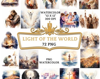 72 PNG Acquerello Luce del Mondo Clipart / Storia religiosa cristiana basata sulla Bibbia per sublimazione, scuola domenicale o stampa digitale