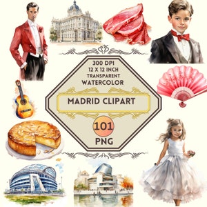 101 Watercolor Madrid PNG ClipArt Bundle, Madrid Summer Travel, Food Landmark Clip Art, Spain Vacation, Dream Travel Clipart, Commercial Use