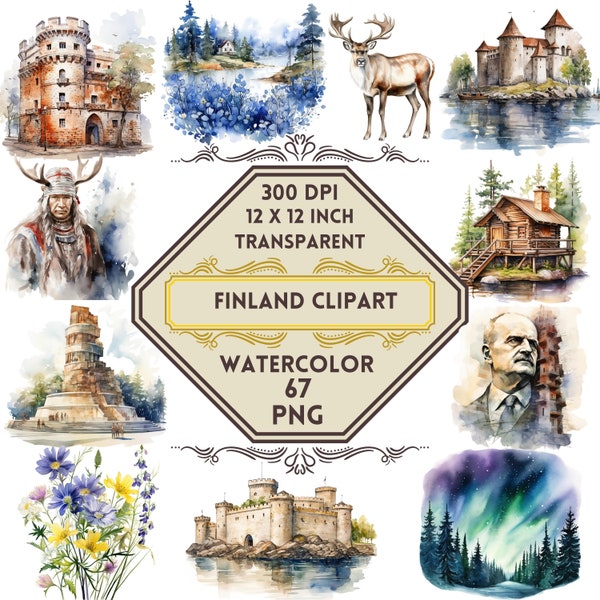 159 Watercolor Finland PNG ClipArt Bundle, Finland Travel, Helsinki Landmarks, Lapland Winter Scenes, Northern Lights, Sauna Culture, Lakes