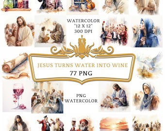 77 Clipart di Gesù che trasforma l'acqua in vino in acquerello / Storia religiosa cristiana basata sulla Bibbia per scrapbooking, diario di spazzatura o stampa digitale