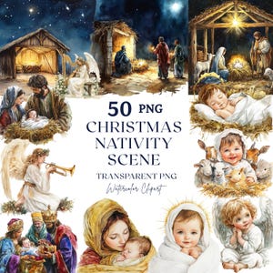 50x Christmas Nativity Scene PNG Bundle, Watercolor Baby Jesus Clipart, Holy Family, Manger Scene, Christian Christmas PNG Set