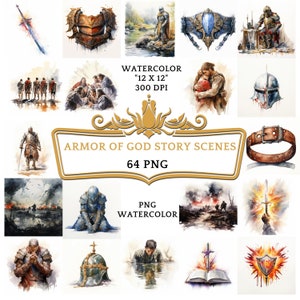 May include: A set of 64 watercolor illustrations depicting scenes from the Armor of God story. The illustrations are in a PNG format and are 12 inches by 12 inches at 300 DPI.