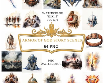 64 Watercolor Armor of God Story Scene Clipart | Christian Religious Bible Based Story For Scrapbooking, Junk journal Or Digital Printing