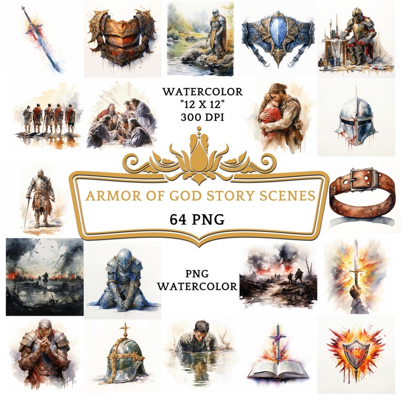 May include: A set of 64 watercolor illustrations depicting scenes from the Armor of God story. The illustrations are in a PNG format and are 12 inches by 12 inches at 300 DPI.