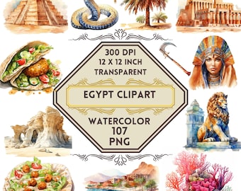 107 Watercolor Egypt PNG ClipArt Bundle, Egypt Travel, Ancient Egyptian Monuments, Pyramids, Nile, Pharaohs, Camel, Hieroglyphics, Desert