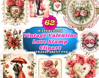 62 Vintage Valentine Love Stamp Watercolor Clipart - Nostalgic Postal Themed Romantic Graphics, Classic Valentine's Ephemera for Crafting