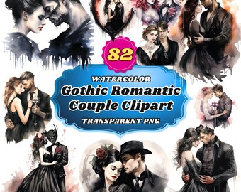 82 Watercolor Gothic Valentine's Day Couple Clipart, Dark Love Tales: Mysterious Romantic Illustrations for Unique and Edgy Designs PNG Pack
