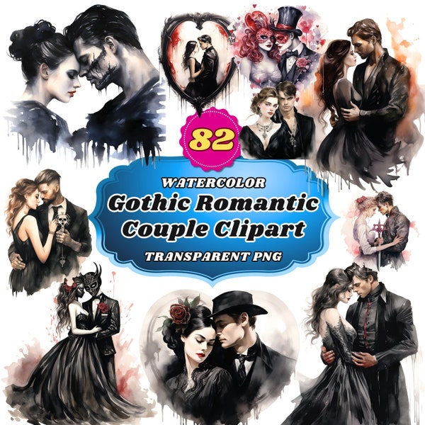 82 Watercolor Gothic Valentine's Day Couple Clipart, Dark Love Tales: Mysterious Romantic Illustrations for Unique and Edgy Designs PNG Pack