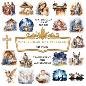 58 PNG Akwarela Szopka Clipart | Manger Scene Clipart Bundle Do Sublimacji Plakat Tworzenie Kart Cyfrowy Druk Oparty Na Biblii Historia